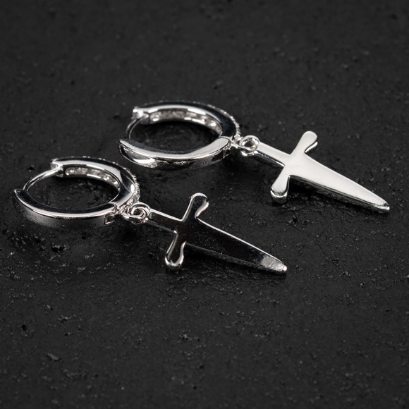 Sterling Silver CZ Iced Small Dagger Sword Cross Dangle Drop Hoop Earrings - Picture 3 of 4